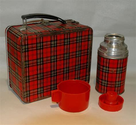 Retro Red Plaid Lunch Box with Matching Thermos *Metal